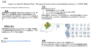 Jingen Liu, Saad Ali, Mubarak Shah, “Recognizing Human Actions Using Multiple Features”, in CVPR, 2008.	
【30】	
Keywords: Action Recognition, Multiple Features	
新規性・差分	
手法	
結果	
概要	
特徴の統合が行動認識に有効であることを明らかにする．特
徴量には，(i) 局所領域から抽出した時系列特徴(もしくは
Cuboids特徴)のベクトル量子化コードワード や (ii) 3次元形状
のSpin Imagesから抽出したベクトル量子化コードワードを用い
る．	
特徴の統合のためのEmbedding方法について検討．特徴量と
しては時系列特徴や3次元のスピンイメージを採用した．ベクト
ル表現にはコードワード(BoF)を適用．	
基本的な3ステップには，	
1.  局所特徴量のコードワード学習	
2.  トレーニングサンプルからのLaplacian Matrix計算	
3.  エンコーディングと特徴の量子化	
時系列特徴としては[Dollar+, PETS05]を用いる．3次元形状の特徴としてはSpin
Imagesを用いるが，xyzではなく，時系列を含んだxytの3次元データからSpin
Imagesを計算する．	
WeizmannやIXMASのデータセットに対して実験を行った．	
Weizmannでは89.26%，IXMASデータセットにおいては78.5%の認識精度を実現し
た．ビデオ中からのワード数はST特徴約200，Spinimagesからは約400であった．	
Links	
論文 http://www.vision.eecs.ucf.edu/papers/cvpr2008/2.pdf	
プロジェクト 	
 