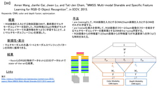 Anran Wang, Jianfei Cai, Jiwen Lu, and Tat-Jen Cham, “MMSS: Multi-modal Sharable and Specific Feature
Learning for RGB-D Object Recognition”, in ICCV, 2015.	
【66】	
Keywords: CNN, color and depth fusion, optimization	
新規性・差分	
手法	
結果	
概要	
・ RGB画像を入力とする物体認識CNNで、最終層のマルチ
モーダルレイヤーを設計した。RGB特徴とDepth特徴がマルチ
モーダルレイヤーで共通特徴を持つように学習することで、よ
いマルチモーダルフュージョンを実現した。	
・ マルチモーダルの共通パートとモーダルスペシフィックパター
ンを同時に獲得できる。	
・ pre-trainingとして、RGB画像を入力とするCNNとDepth画像を入力とするCNNを
それぞれ学習する。	
・ pre-trainedな重みを使用して、RGB画像のフローとDepth画像のフローを結合す
るマルチモーダルレイヤーを最終層とするCNNをfine-tuning学習する。	
・ RGB画像からの特徴量T1とDepth画像からの特徴量T2が共通要素Tcを持つよう
な制約を加える。	
・ KevinらのRGBD物体データセットと2D3Dデータセットで
state-of-the-artな結果。	
Links	
論文
http://www.cv-foundation.org/openaccess/content_iccv_2015/
papers/Wang_MMSS_Multi-Modal_Sharable_ICCV_2015_paper.pdf	
 