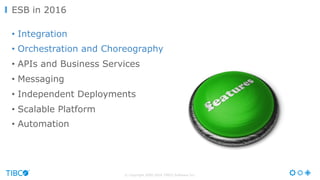 © Copyright 2000-2016 TIBCO Software Inc.
•  Integration
•  Orchestration and Choreography
•  APIs and Business Services
•  Messaging
•  Independent Deployments
•  Scalable Platform
•  Automation
ESB in 2016
 