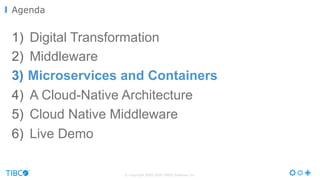 © Copyright 2000-2016 TIBCO Software Inc.
1)  Digital Transformation
2)  Middleware
3)  Microservices and Containers
4)  A Cloud-Native Architecture
5)  Cloud Native Middleware
6)  Live Demo
Agenda
 