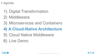 © Copyright 2000-2016 TIBCO Software Inc.
1)  Digital Transformation
2)  Middleware
3)  Microservices and Containers
4)  A Cloud-Native Architecture
5)  Cloud Native Middleware
6)  Live Demo
Agenda
 