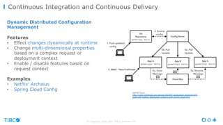 © Copyright 2000-2016 TIBCO Software Inc.
Continuous Integration and Continuous Delivery
Dynamic Distributed Configuration
Management
Features
•  Effect changes dynamically at runtime
•  Change multi-dimensional properties
based on a complex request or
deployment context
•  Enable / disable features based on
request context
Examples
•  Netflix’ Archaius
•  Spring Cloud Config
Spring Cloud
http://www.infoworld.com/article/2925047/application-development/
build-self-healing-distributed-systems-with-spring-cloud.html
 