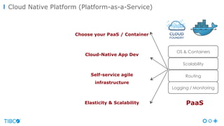 Cloud Native Platform (Platform-as-a-Service)
Choose your PaaS / Container
Cloud-Native App Dev
Self-service agile
infrastructure
Elasticity & Scalability
OS & Containers
Scalability
Routing
Logging / Monitoring
PaaS
 