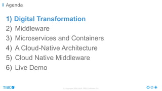 © Copyright 2000-2016 TIBCO Software Inc.
1)  Digital Transformation
2)  Middleware
3)  Microservices and Containers
4)  A Cloud-Native Architecture
5)  Cloud Native Middleware
6)  Live Demo
Agenda
 