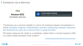© Copyright 2000-2016 TIBCO Software Inc.
“Containers as a service (CaaS) is a form of container-based virtualization in
which container engines, orchestration and the underlying compute resources
are delivered to users as a service from a cloud provider.
The basic resource for CaaS is a container, rather than a virtual machine (VM)
or a bare metal hardware host system”
http://searchcloudcomputing.techtarget.com/definition/Containers-as-a-Service-CaaS
Container-as-a-Service
 