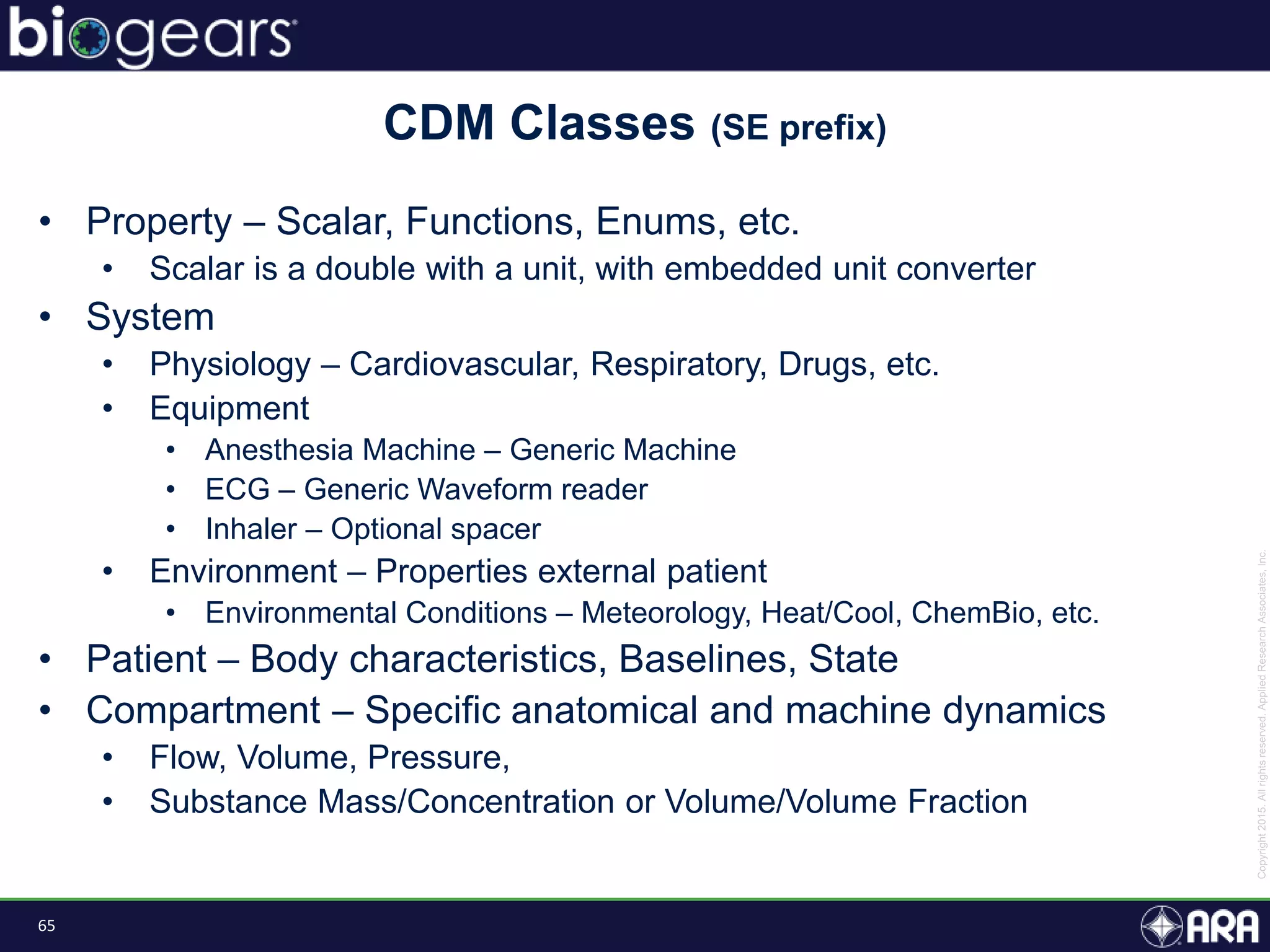 65
• Property – Scalar, Functions, Enums, etc.
• Scalar is a double with a unit, with embedded unit converter
• System
• Physiology – Cardiovascular, Respiratory, Drugs, etc.
• Equipment
• Anesthesia Machine – Generic Machine
• ECG – Generic Waveform reader
• Inhaler – Optional spacer
• Environment – Properties external patient
• Environmental Conditions – Meteorology, Heat/Cool, ChemBio, etc.
• Patient – Body characteristics, Baselines, State
• Compartment – Specific anatomical and machine dynamics
• Flow, Volume, Pressure,
• Substance Mass/Concentration or Volume/Volume Fraction
CDM Classes (SE prefix)
 