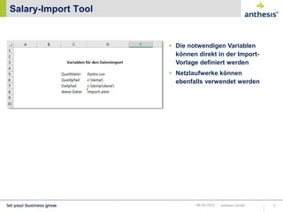 Salary-Import Tool
anthesis GmbH 308.04.2016
 Die notwendigen Variablen
können direkt in der Import-
Vorlage definiert werden
 Netzlaufwerke können
ebenfalls verwendet werden
 