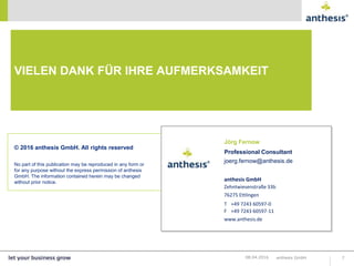 anthesis GmbH
Zehntwiesenstraße 33b
76275 Ettlingen
T +49 7243 60597-0
F +49 7243 60597-11
www.anthesis.de
© 2016 anthesis GmbH. All rights reserved
No part of this publication may be reproduced in any form or
for any purpose without the express permission of anthesis
GmbH. The information contained herein may be changed
without prior notice.
VIELEN DANK FÜR IHRE AUFMERKSAMKEIT
anthesis GmbH 708.04.2016
Jörg Fernow
Professional Consultant
joerg.fernow@anthesis.de
 