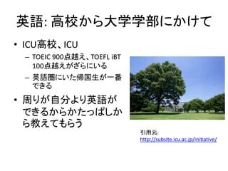 ӢZ: Уѧѧˤ
? ICUУICU
C TOEIC 900ԽTOEFL iBT
100Խˤ
C ӢZˤһ
Ǥ
? ܤ꤬Է֤ӢZ
Ǥ뤫餫äѤ
̤Ƥ餦
Ԫ:
http://subsite.icu.ac.jp/initiative/
 
