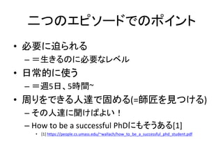 ĤΥԥ`ɤǤΥݥ
? ҪȤ
C Τ˱Ҫʥ٥
? ճĤʹ
C L5ա5rg~
? ܤǤ_ǹ̤(=ҊĤ)
C _Ф褤
C How to be a successful PhDˤ⤽[1]
? [1] https://people.cs.umass.edu/~wallach/how_to_be_a_successful_phd_student.pdf
 