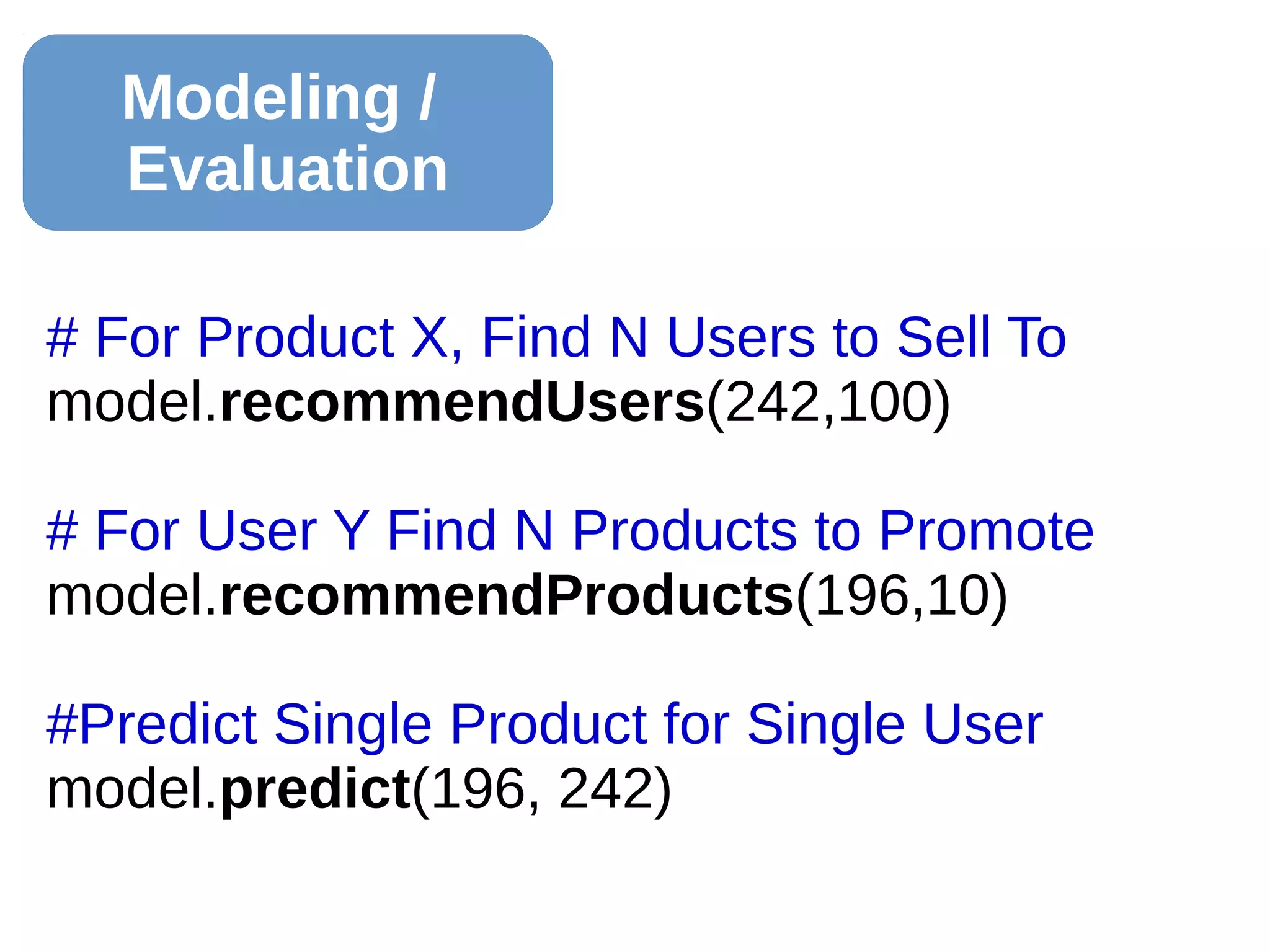 Modeling /
Evaluation
# For Product X, Find N Users to Sell To
model.recommendUsers(242,100)
# For User Y Find N Products to Promote
model.recommendProducts(196,10)
#Predict Single Product for Single User
model.predict(196, 242)
 