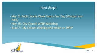 • May 21 Public Works Week Family Fun Day (Windjammer
Park)
• May 25: City Council WPIP Workshop
• June 7: City Council meeting and action on WPIP
Next Steps
425/5/16
 