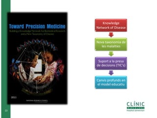 13
2011
Knowledge
Network of Disease
Nova taxonomia de
les malalties
Suport a la presa
de decisions (TIC’s)
Canvis profunds en
el model educatiu
 