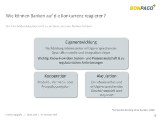 E-Rechnungsgipfel | 10.05.2016 | Dr. Donovan Pfaff 12
Wie können Banken auf die Konkurrenz reagieren?
Um ihre Bestandskunden nicht zu verlieren, müssen Banken handeln.
Kooperation
Produkt-, Vertriebs- oder
Prozesskooperation
Akquisition
Ein interessantes und
erfolgsversprechendes
Geschäftsmodell wird
akquiriert
Eigenentwicklung
Nachbildung interessanter erfolgsversprechender
Geschäftsmodelle und Integration dieser
Wichtig: Know-How über System- und Prozesslandschaft & zu
regulatorischen Anforderungen
*Corporate Banking ohne Banken, 2016
 