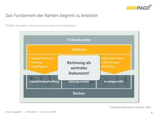 E-Rechnungsgipfel | 10.05.2016 | Dr. Donovan Pfaff 4
Das Fundament der Banken beginnt zu bröckeln
FinTech-Produkte in Konkurrenz zu klassischen Produkten.
*Corporate Banking ohne Banken, 2016
Rechnung als
zentrales
Dokument!
 