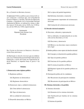 DE LA COMISIÓN DE REFORMA AGRARIA
Al diplomado Políticas públicas para el desarrollo ru-
ral: evaluación y estrategia que, con la Facultad de
Ciencias Políticas y Sociales, División de Educación
Continua y Vinculación, de la Universidad Nacional
Autónoma de México, se realizará los viernes y sába-
dos, hasta el 18 de junio, de las 16:00 a las 21:00 ho-
ras y de las 9:00 a las 14:00, respectivamente.
Atentamente
Diputado Jesús Serrano Lora
Presidente
DEL CENTRO DE ESTUDIOS DE DERECHO E INVESTIGA-
CIONES PARLAMENTARIAS
Al Diplomado en derecho electoral, que en colabora-
ción con el Tribunal Electoral del Poder Judicial de la
Federación, a través del Centro de Capacitación Ju-
dicial Electoral, se impartirá hasta el jueves 4 de
agosto.
Módulos
I. Democracia como régimen político
1. Regímenes políticos
1.1. Regímenes no democráticos
1.2. Regímenes democráticos
2. Democracia: tipos y calidad de democracia
2.1. Cómo definir la democracia
2.2. Tipos de democracia
2.3. La calidad de la democracia
3. Desarrollo democrático en México
3.1. La época del partido hegemónico
3.2. Reformas electorales y transición
3.3. Componentes importantes de la democracia
mexicana
3.4. Evaluación de la democracia mexicana
II. Derecho electoral sustantivo
1. Elecciones, soberanía y representación
1.1. La soberanía y la representación en su rela-
ción con las elecciones y el voto
1.2. Elecciones y democracia
1.3. México y sus elecciones: marco constitucio-
nal y legal
2. Partidos políticos como sujetos de derecho electoral
2.1. Concepto y evolución de los partidos políticos
2.2. Tipos de partidos políticos
2.3. Funciones de los partidos políticos
2.4. El sistema de partidos en México
2.5. Régimen vigente de los partidos políticos en
México
3. Participación política de los ciudadanos
3.1. Mecanismos de participación ciudadana
3.2. Mecanismos de participación en México
III. Sistemas electorales y de partidos
1. Sistemas electorales
1.1. Elementos de los sistemas electorales
1.2. Clasificación por familias de los sistemas
electorales
2. Sistemas de partidos
Gaceta Parlamentaria Viernes 6 de mayo de 201648
 