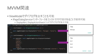MVVM関連
• ViewModelでダイアログを出すことも可能
• IPageDialogServiceインターフェースをコンストラクタで受け取ることで使用可能
• DisplayAlert, DisplayActionSheetメソッドでダイアログが表示可能
 