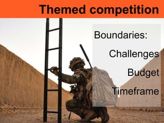 Themed competition
Boundaries:
Challenges
Budget
Timeframe