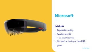 In The Pocket
Microsoft
—
HoloLens
• Augmented reality.
• Development Kit.
• e.g. Small ﬁeld of view.
• Microsoft at the top of their R&D
game.
 