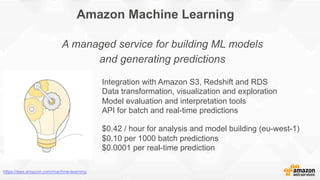 Amazon Machine Learning
A managed service for building ML models
and generating predictions
Integration with Amazon S3, Redshift and RDS
Data transformation, visualization and exploration
Model evaluation and interpretation tools
API for batch and real-time predictions
$0.42 / hour for analysis and model building (eu-west-1)
$0.10 per 1000 batch predictions
$0.0001 per real-time prediction
https://aws.amazon.com/machine-learning
 