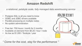 Amazon Redshift
a relational, petabyte scale, fully managed data warehousing service
•  Postgres SQL is all you need to know
•  ODBC and JDBC drivers available
•  Parallel processing on multiple nodes
•  No system administration
•  Free tier: 750 hours / month for 2 months
•  Available on-demand from $0.25 / hour / node
•  As low as $1,000 / Terabyte / year
“ Come for the cost, stay for the performance ”
 