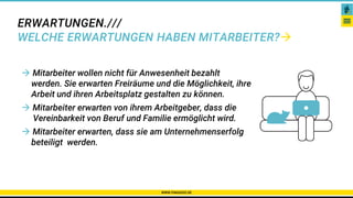 ERWARTUNGEN.///
WELCHE ERWARTUNGEN HABEN MITARBEITER?
WWW.PAKADOO.DE
Karriere – Netzwerke – Gibt es das überhaupt?
 Mitarbeiter wollen nicht für Anwesenheit bezahlt
werden. Sie erwarten Freiräume und die Möglichkeit, ihre
Arbeit und ihren Arbeitsplatz gestalten zu können.
 Mitarbeiter erwarten von ihrem Arbeitgeber, dass die
Vereinbarkeit von Beruf und Familie ermöglicht wird.
 Mitarbeiter erwarten, dass sie am Unternehmenserfolg
beteiligt werden.
 