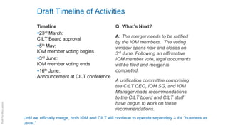 Draft Timeline of Activities
Timeline
23rd March:
CILT Board approval
5th May:
IOM member voting begins
3rd June:
IOM member voting ends
16th June:
Announcement at CILT conference
Q: What’s Next?
A: The merger needs to be ratified
by the IOM members. The voting
window opens now and closes on
3rd June. Following an affirmative
IOM member vote, legal documents
will be filed and merger is
completed.
A unification committee comprising
the CILT CEO, IOM SG, and IOM
Manager made recommendations
to the CILT board and CILT staff
have begun to work on these
recommendations.
Until we officially merge, both IOM and CILT will continue to operate separately – it’s “business as
usual.”
 