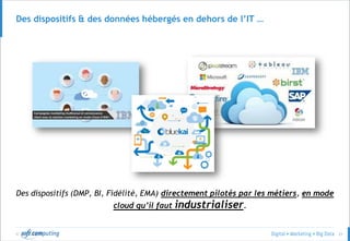 © 21
Des dispositifs & des données hébergés en dehors de l’IT …
Des dispositifs (DMP, BI, Fidélité, EMA) directement pilotés par les métiers, en mode
cloud qu’il faut industrialiser.
 