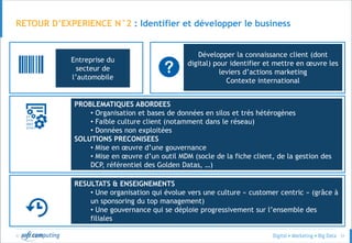 © 51
RETOUR D’EXPERIENCE N°2 : Identifier et développer le business
Entreprise du
secteur de
l’automobile
Développer la connaissance client (dont
digital) pour identifier et mettre en œuvre les
leviers d’actions marketing
Contexte international
PROBLEMATIQUES ABORDEES
• Organisation et bases de données en silos et très hétérogènes
• Faible culture client (notamment dans le réseau)
• Données non exploitées
SOLUTIONS PRECONISEES
• Mise en œuvre d’une gouvernance
• Mise en œuvre d’un outil MDM (socle de la fiche client, de la gestion des
DCP, référentiel des Golden Datas, …)
RESULTATS & ENSEIGNEMENTS
• Une organisation qui évolue vers une culture « customer centric » (grâce à
un sponsoring du top management)
• Une gouvernance qui se déploie progressivement sur l’ensemble des
filiales
 