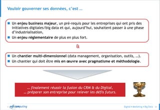© 54
Vouloir gouverner ses données, c’est …
 Un enjeu business majeur, un pré-requis pour les entreprises qui ont pris des
initiatives digitales/big data et qui, aujourd’hui, souhaitent passer à une phase
d’industrialisation,
 Un enjeu règlementaire de plus en plus fort.
&
 Un chantier multi-dimensionnel (data management, organisation, outils, …).
 Un chantier qui doit être mis en œuvre avec pragmatisme et méthodologie.
… finalement réussir la fusion du CRM & du Digital,
… préparer son entreprise pour relever les défis futurs.
 