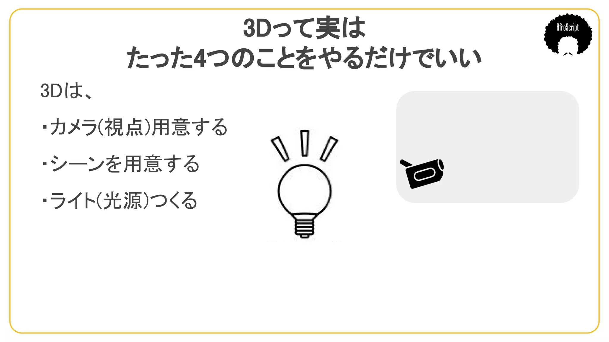 3Dって実は
たった4つのことをやるだけでいい
3Dは、
・カメラ(視点)用意する
・シーンを用意する
・ライト(光源)つくる
　
 