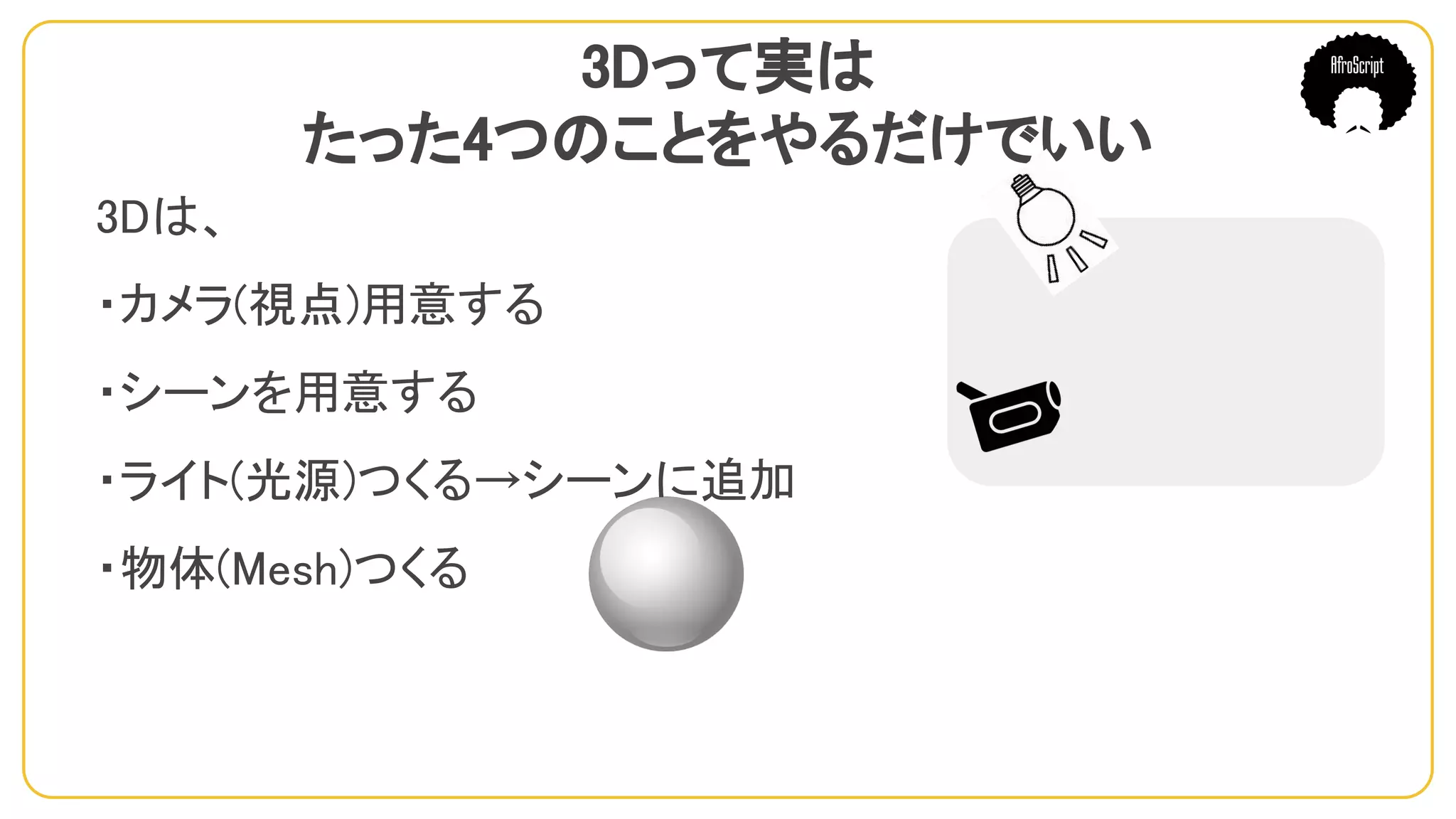 3Dって実は
たった4つのことをやるだけでいい
3Dは、
・カメラ(視点)用意する
・シーンを用意する
・ライト(光源)つくる→シーンに追加
・物体(Mesh)つくる
　
 