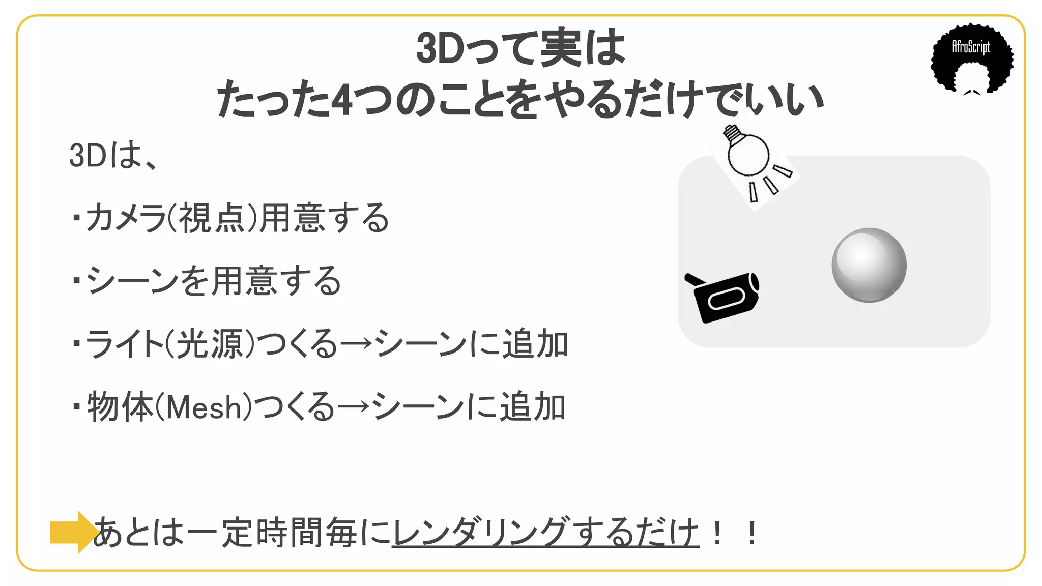 3Dって実は
たった4つのことをやるだけでいい
3Dは、
・カメラ(視点)用意する
・シーンを用意する
・ライト(光源)つくる→シーンに追加
・物体(Mesh)つくる→シーンに追加
　あとは一定時間毎にレンダリングするだけ！！
 