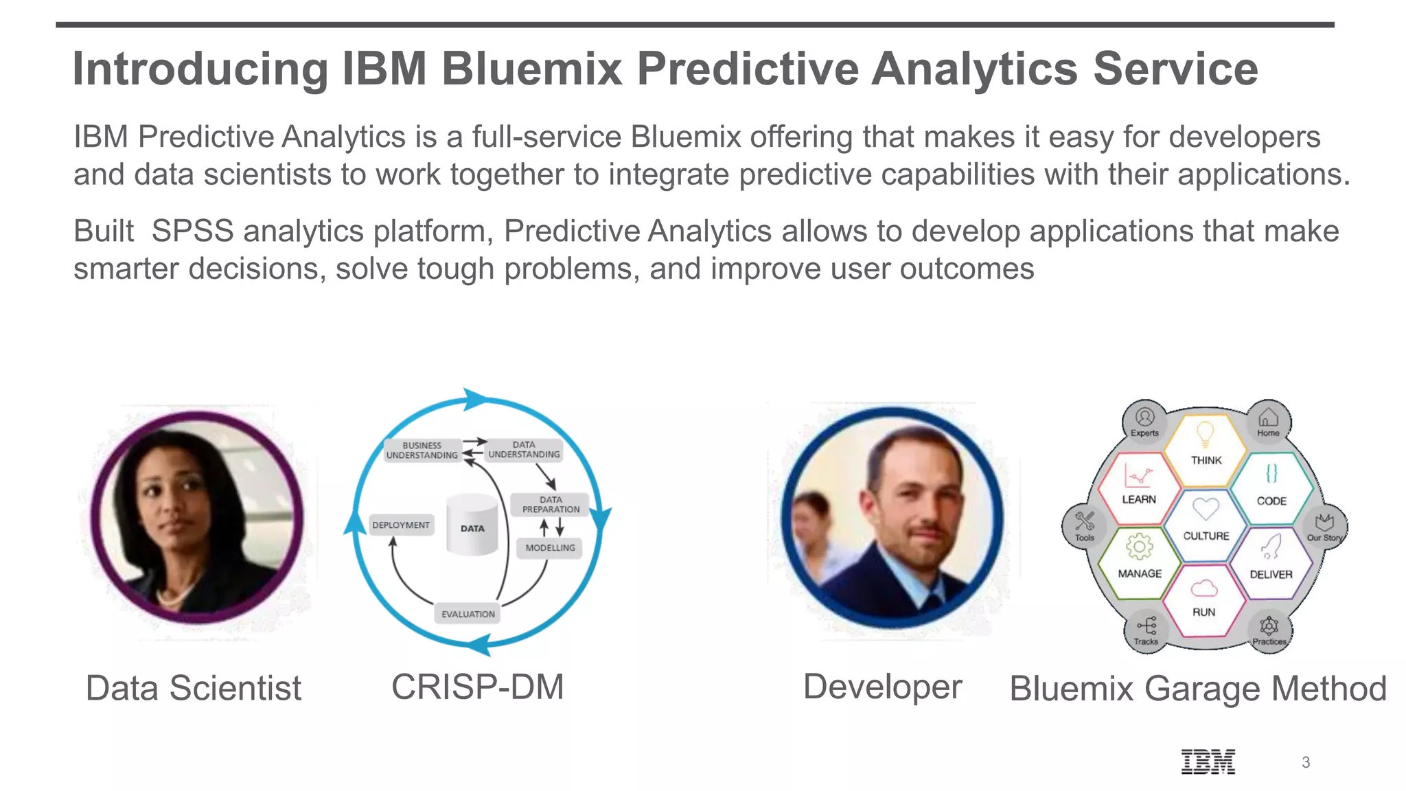 3 Introducing IBM Bluemix Predictive Analytics Service IBM Predictive Analytics is a full-service Bluemix offering that makes it easy for developers and data scientists to work together to integrate predictive capabilities with their applications. Built SPSS analytics platform, Predictive Analytics allows to develop applications that make smarter decisions, solve tough problems, and improve user outcomes DeveloperData Scientist CRISP-DM Bluemix Garage Method 