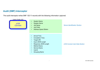 28 2016 © IBM Corporation28
Audit (SMF) Interceptor
The audit interceptor writes SMF 120.11 records with the following information captured:
Liberty Profile z/OS
z/OS
Connect
• System Name
• Sysplex Name
• Job Name
• Job Prefix
• Address Space Stoken
• Arrival Time
• Completion Time
• Target URI
• Input JSON Length
• Response JSON Length
• Method Name
• Service Name
• Userid
• Grouping Name
Server Identification Section
z/OS Connect User Data Section
 