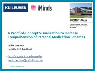 A Proof-of-Concept Visualization to Increase
Comprehension of Personal Medication Schemes
Robin De Croon
Joris Klerkx & Erik Duval †
http://augment.cs.kuleuven.be
robin.decroon@cs.kuleuven.be
Thursday, January 26, 2017 1
 