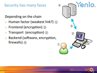 Depending	on	the	chain	
o  Human	factor	(weakest	link?) ①	
o  Frontend	(encryp0on)	②	
o  Transport		(encryp0on)	③	
o  Backend	(so<ware,	encryp0on,	
ﬁrewalls)	④	
	
Security	has	many	faces	
6	
 