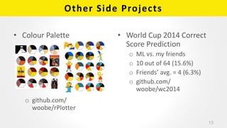 Other Side Projects
• Colour Palette
o github.com/
woobe/rPlotter
13
• World Cup 2014 Correct
Score Prediction
o ML vs. my friends
o 10 out of 64 (15.6%)
o Friends’ avg. = 4 (6.3%)
o github.com/
woobe/wc2014
 