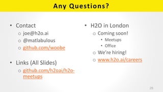 Any Questions?
• Contact
o joe@h2o.ai
o @matlabulous
o github.com/woobe
• Links (All Slides)
o github.com/h2oai/h2o-
meetu...
