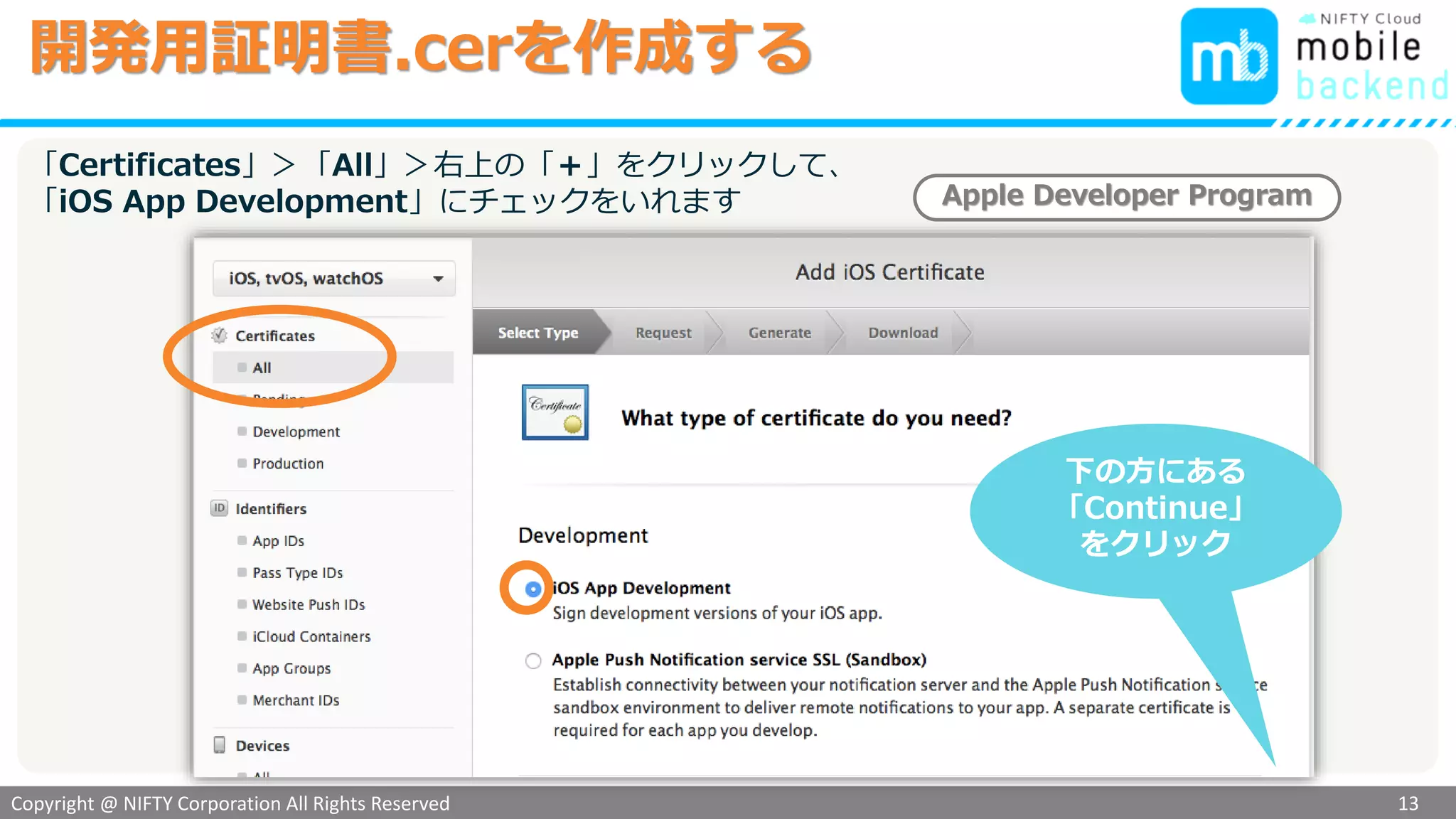 Copyright @ NIFTY Corporation All Rights Reserved
色見本３
開発用証明書.cerを作成する
13
「Certificates」＞「All」＞右上の「＋」をクリックして、
「iOS App Development」にチェックをいれます
下の方にある
「Continue」
をクリック
Apple Developer Program
 