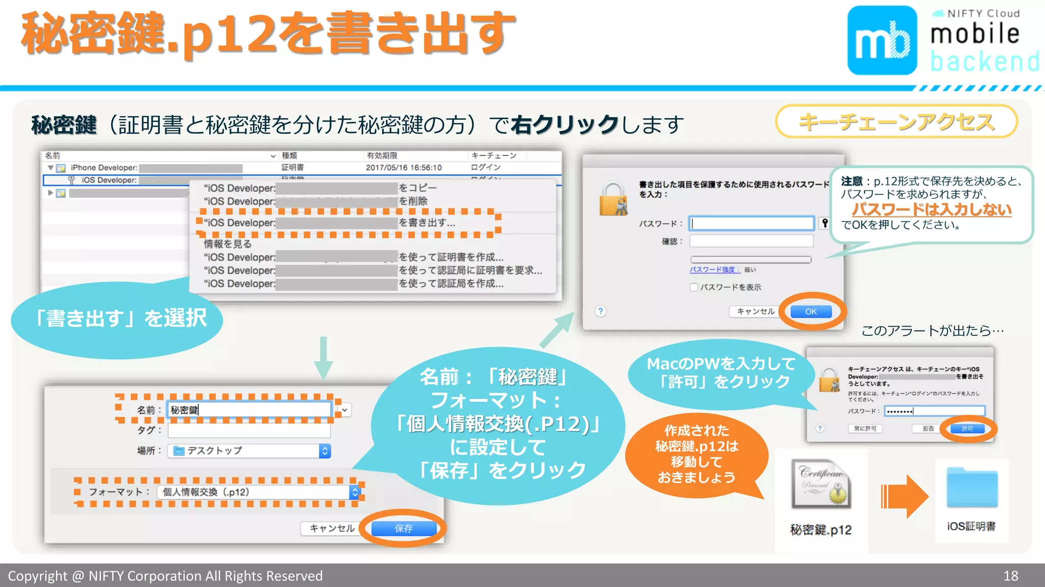 Copyright @ NIFTY Corporation All Rights Reserved
色見本３
秘密鍵.p12を書き出す
18
選択した開発用証明書で右クリックします
「書き出す」を選択
名前：「秘密鍵」
フォーマット：
「個人情報交換(.P12)」
に設定して
「保存」をクリック
MacのPWを入力して
「許可」をクリック
このアラートが出たら…
作成された
秘密鍵.p12は
移動して
おきましょう
キーチェーンアクセス
 