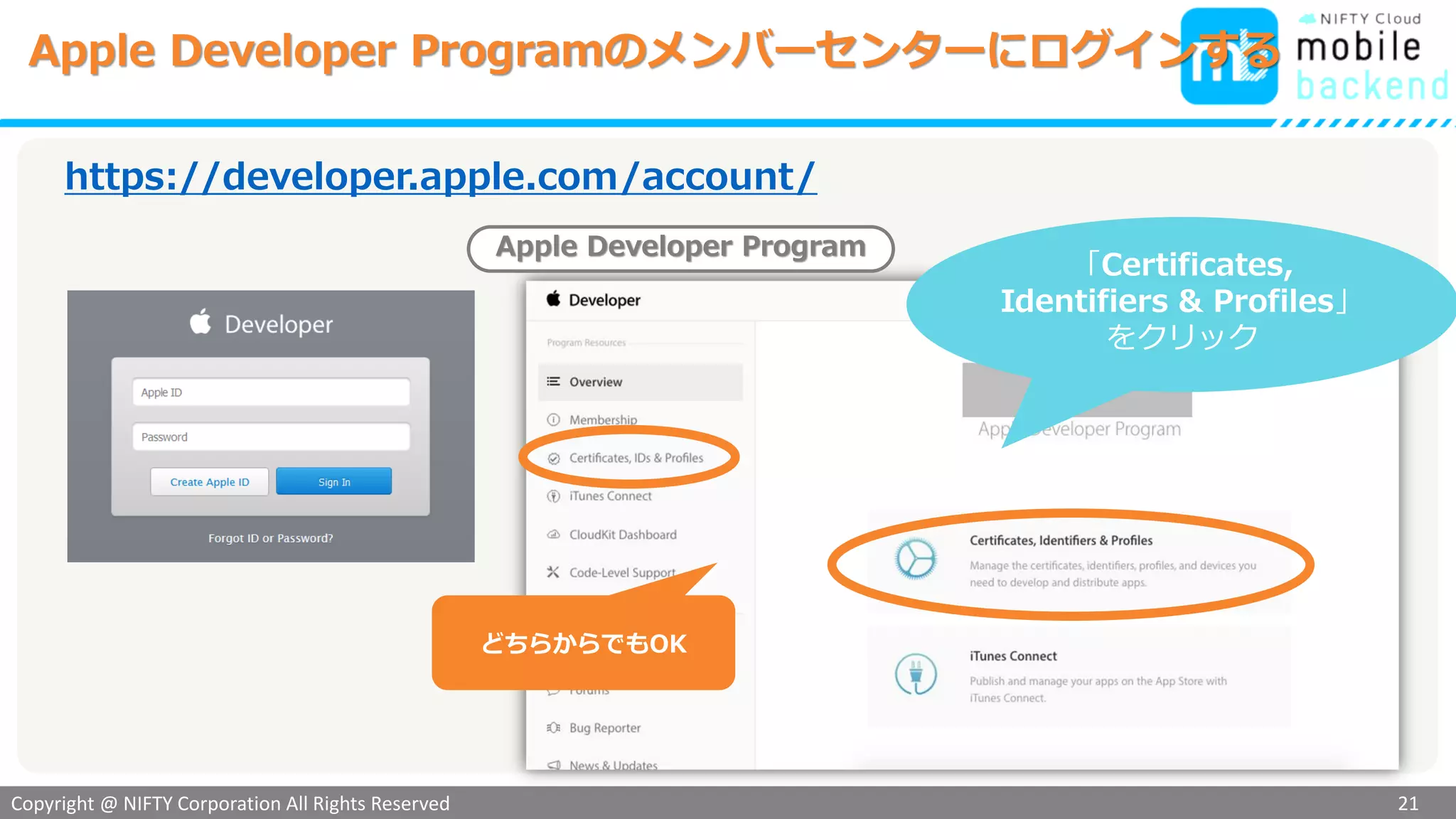 Copyright @ NIFTY Corporation All Rights Reserved
色見本３
Apple Developer Programのメンバーセンターにログインする
21
「Certificates,
Identifiers & Profiles」
をクリック
Apple Developer Program
どちらからでもOK
https://developer.apple.com/account/
 