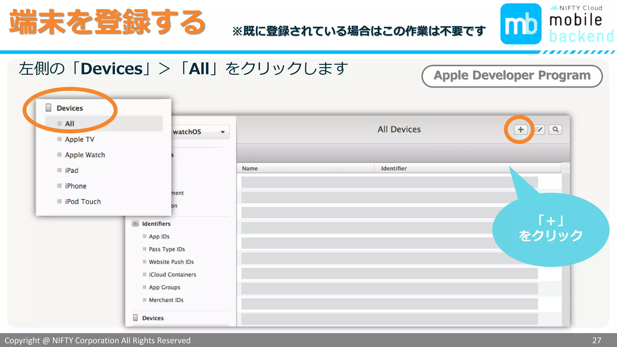 Copyright @ NIFTY Corporation All Rights Reserved
色見本３
端末を登録する
27
Apple Developer Program左側の「Devices」＞「All」をクリックします
「＋」
をクリック
※既に登録されている場合はこの作業は不要です
 