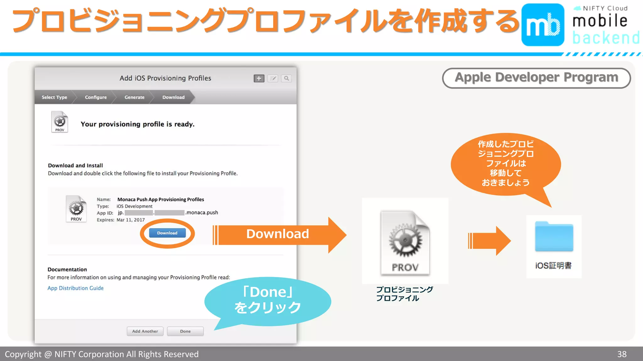 Copyright @ NIFTY Corporation All Rights Reserved
色見本３
プロビジョニングプロファイルを作成する
38
Apple Developer Program
Download
「Done」
をクリック
Monaca Push App Provisioning Profiles
作成したプロビ
ジョニングプロ
ファイルは
移動して
おきましょう
プロビジョニング
プロファイル
 