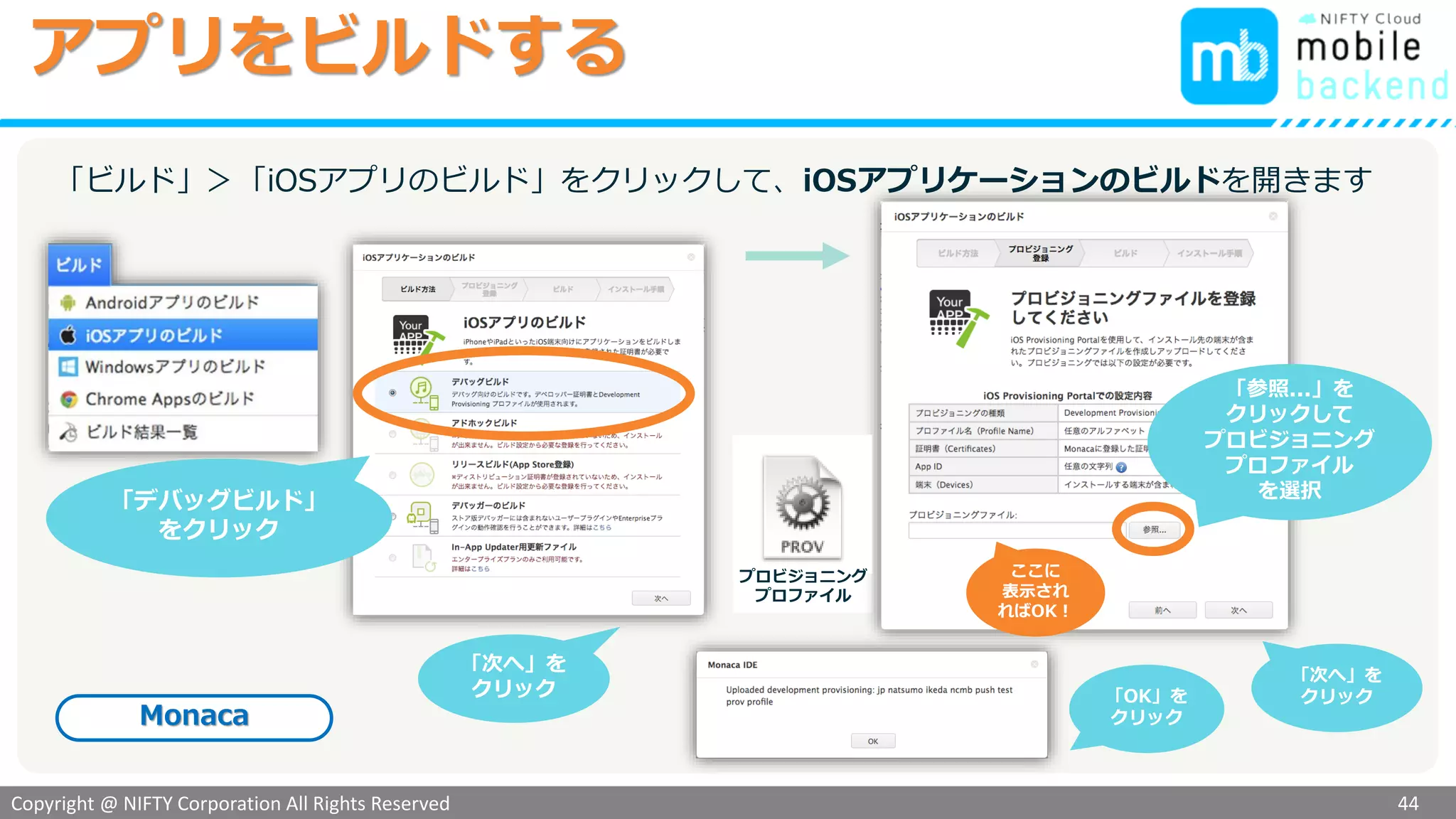 Copyright @ NIFTY Corporation All Rights Reserved
色見本３
Bundle IDを設定する
44
「設定」＞「iOSアプリ設定...」をクリックして、iOSアプリ設定を開きます Monaca
「App ID」を
Bundle ID
に書き換えます
「保存する」
をクリック
他は
触らなくて
OK！
メモを
チェック！
 