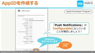 Copyright @ NIFTY Corporation All Rights Reserved
色見本３
「Push Notifications」が
Configurableになっている
ことを確認しましょう！
「Register」
をクリックします
Apple Developer Program
AppIDを作成する
26
これでAppID
の作成は
完了です！
 