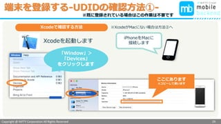 Copyright @ NIFTY Corporation All Rights Reserved
色見本３
端末を登録する-UDIDの確認方法①-
29
iPhoneをMacに
接続します
ここにあります
※コピーして使います
「Window」＞
「Devices」
をクリックします
Xcodeで確認する方法
Xcodeを起動します
※XcodeがMacにない場合は方法②へ
※既に登録されている場合はこの作業は不要です
 