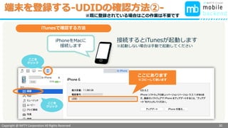 Copyright @ NIFTY Corporation All Rights Reserved
色見本３
端末を登録する-UDIDの確認方法②-
30
iTunesで確認する方法
iPhoneをMacに
接続します
接続するとiTunesが起動します
※起動しない場合は手動で起動してください
ここにあります
※コピーして使います
ここを
クリック
※既に登録されている場合はこの作業は不要です
ここを
クリック
 