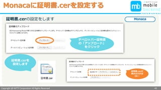 Copyright @ NIFTY Corporation All Rights Reserved
色見本３
Monacaに証明書.cerを設定する
42
証明書.cerの設定をします
デベロッパー証明書
の「アップロード」
をクリック
証明書.cerが
表示されれば
OK！
証明書.cerを
設定します
Monaca
 