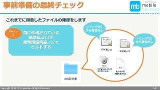 Copyright @ NIFTY Corporation All Rights Reserved
色見本３
事前準備の最終チェック
50
プロビジョニング
プロファイル
を書いたText
これまでに用意したファイルの確認をします
ｷｰﾁｪｰﾝｱｸｾｽ
から書き出し
ｷｰﾁｪｰﾝｱｸｾｽ
から書き出し
 